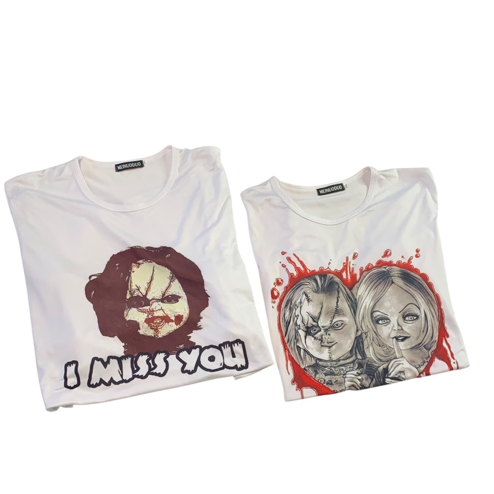 MEINUODUO White Graphic CHILDS PLAY  Chucky & Tiffany T-Shirt Bundle